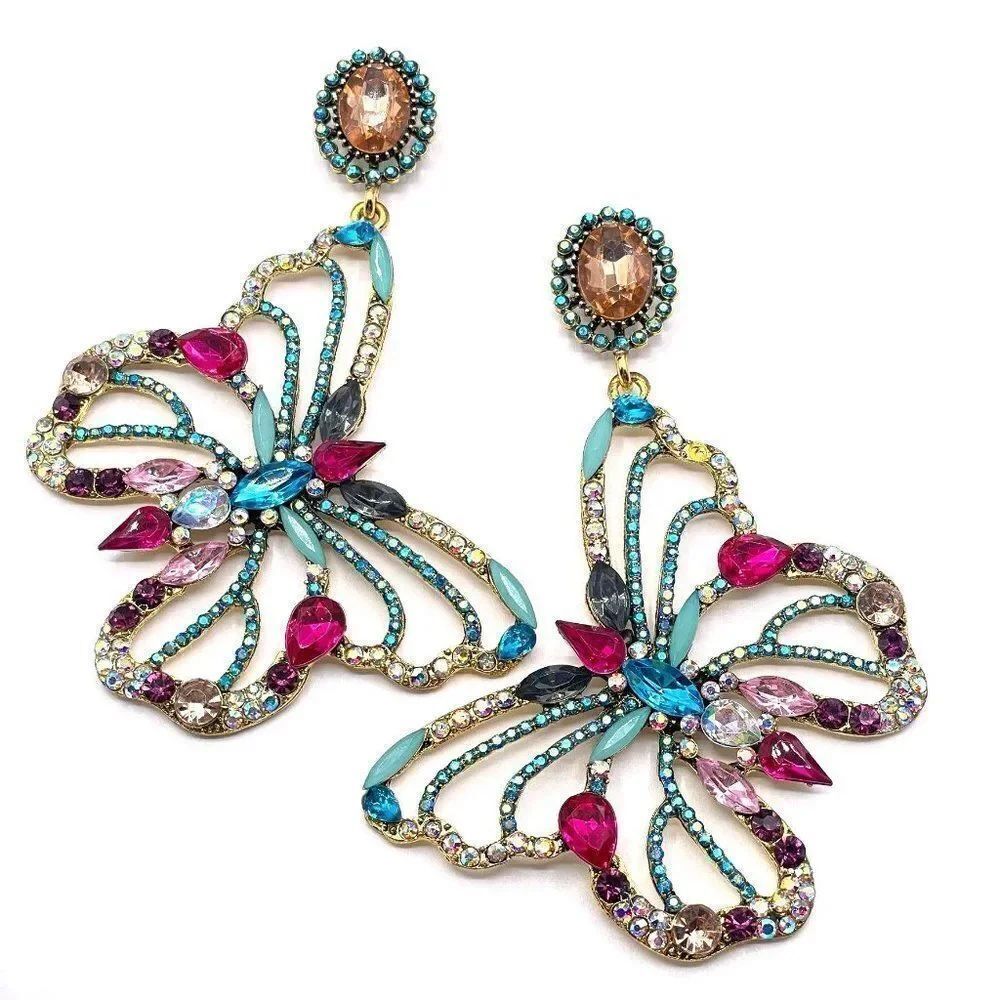 Large Yellow Gold with Colorful Crystal Dangling Post Back Butterfly Earrings